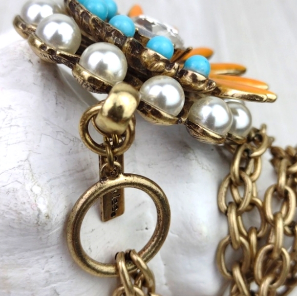 Cookie Lee Faux Pearl Turquoise & Coral Flower Pendant Choker Necklace - Picture 12 of 15